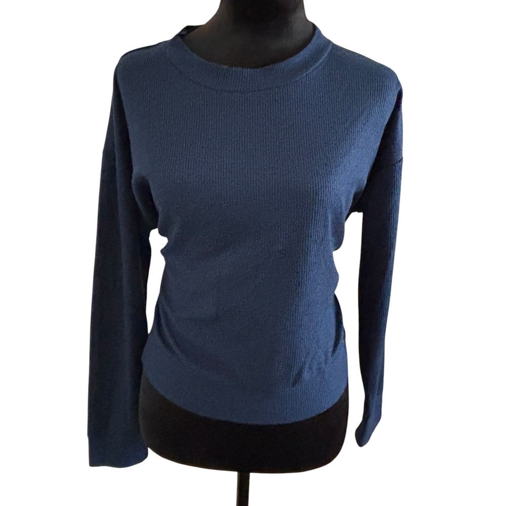 Jenni Navy Blue Waffle Knit Long Sleeve Crew Neck Thermal Top Relaxed Fit-Size S